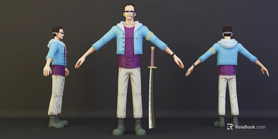 3D Model Game Movie Character Front Side Back Views In Blue Jacket With Long Sword 3d model 