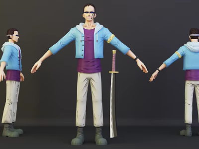 3D Model Game Movie Character Front Side Back Views In Blue Jacket With Long Sword 3d model
