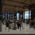 Elegant Modern Restaurant Interior With Wooden Ceiling Dining Tables And Decorative Tree 3d model