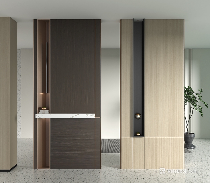 Modern Room Divider Design With Wooden Panels Metal Accents And Indoor Plant 3d model 