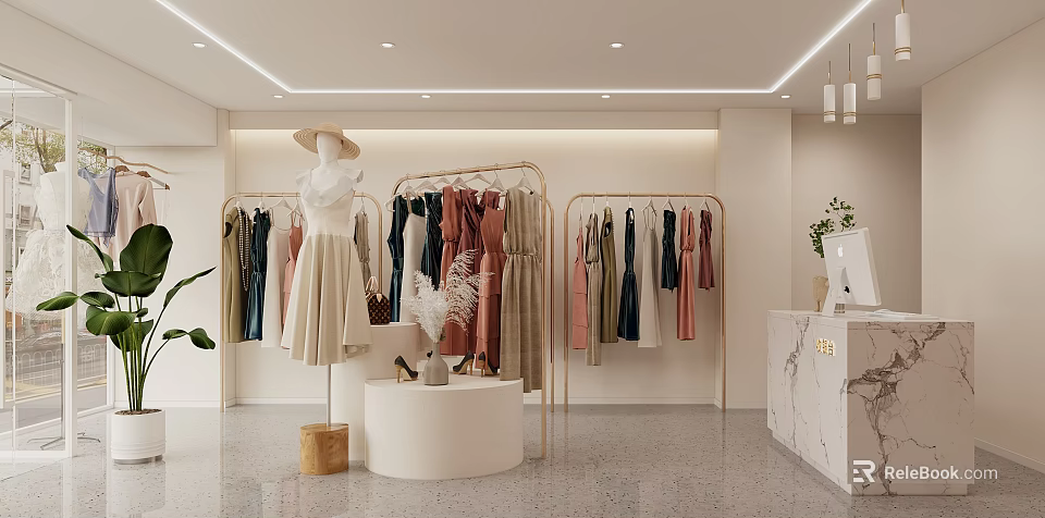 Modern Fashion Clothing Store Interior With Mannequin Display Racks And Marble Counter 3d model 