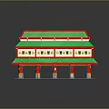 Cartoon Style Two Story Traditional Chinese Building With Green Roof Red Pillars And Windows