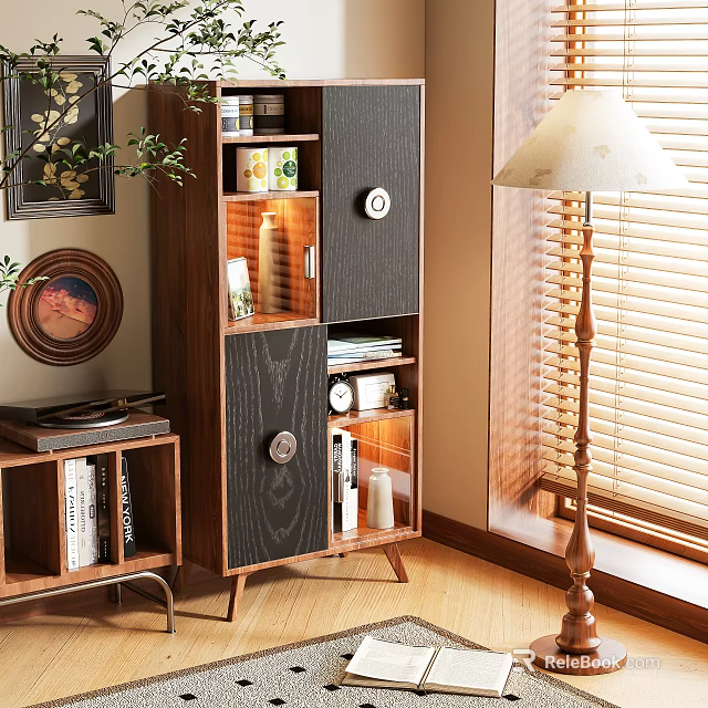 Modern Console Table And Side Cabinet With Wooden Open Shelves And Storage Space 3d model 