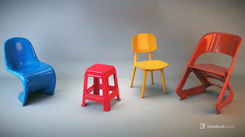 Colorful Single Chair with Blue Stool Yellow Chair and Red Folding Chair in Gray Background 3d model 