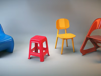 Colorful Single Chair with Blue Stool Yellow Chair and Red Folding Chair in Gray Background 3d model