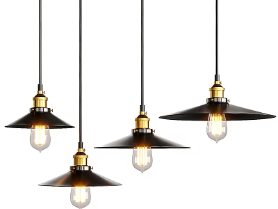 Vintage Pendant Lights With Black Shades Gold Accents And Clear Filament Bulbs 3d model