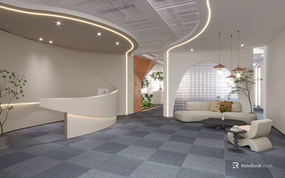 Modern Reception Area With Curved Desk Sofa Seating Green Plants And Pendant Lights 3d model 