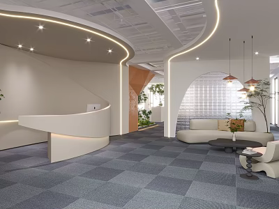 Modern Reception Area With Curved Desk Sofa Seating Green Plants And Pendant Lights 3d model
