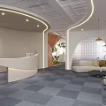 Modern Reception Area With Curved Desk Sofa Seating Green Plants And Pendant Lights