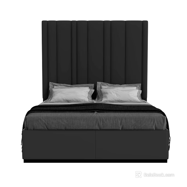 Double Bed with Upholstered Black Vertical Striped Headboard Dark Bedding and Light Pillows 3d model