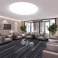 Hotel Public Lounge With Comfortable Sofas Large Windows Green Plants And Round Ceiling Light 3d model