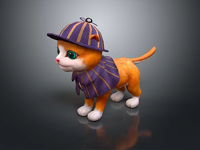 Cute Orange Cartoon Cat Doll With Purple Striped Hat And Green Eyes 3d model