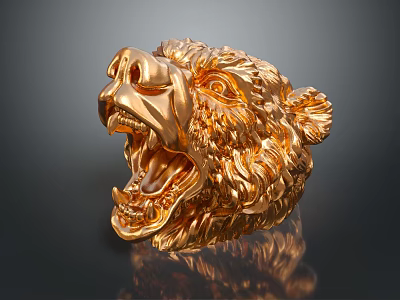 Golden Bear Head Sculpture with Open Mouth Detailed Fur Texture on Dark Background Shiny Reflection 3d model