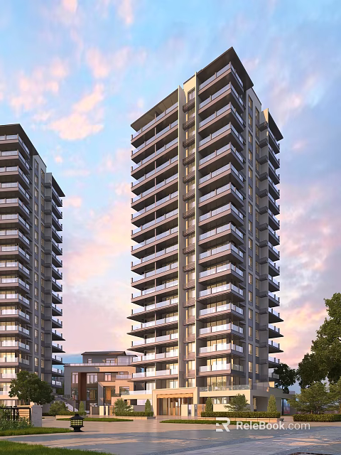 Modern High Rise Residential Buildings With Balconies Under Warm Sunset Sky 3d model 
