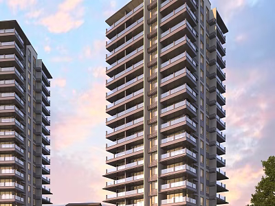 Modern High Rise Residential Buildings With Balconies Under Warm Sunset Sky 3d model
