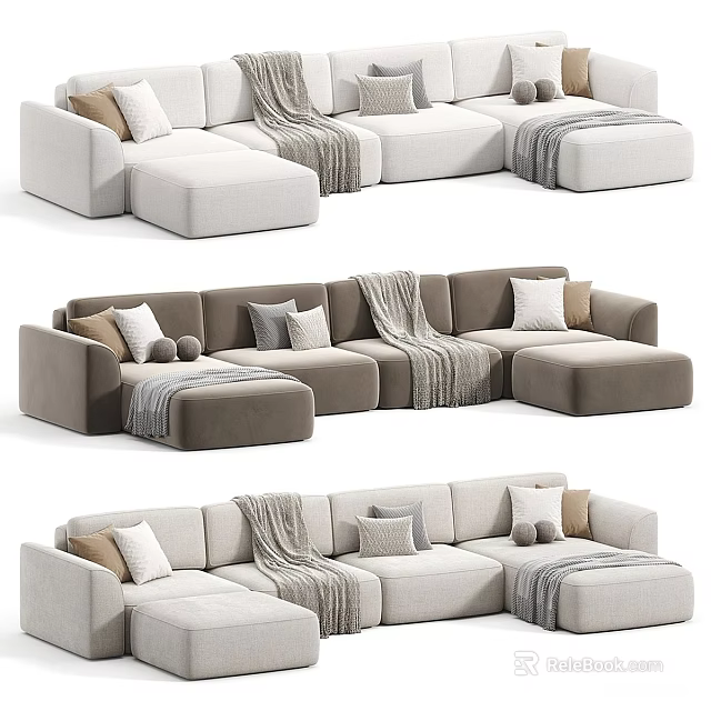 Modern Sectional Sofa In Beige And Gray Fabric With Throw Blankets Decorative Pillows 3d model 