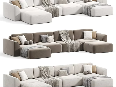 Modern Sectional Sofa In Beige And Gray Fabric With Throw Blankets Decorative Pillows 3d model