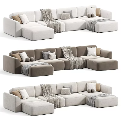 Modern Sectional Sofa In Beige And Gray Fabric With Throw Blankets Decorative Pillows 3d model