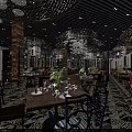 Chinese Style Restaurant Interior With Black Lattice Chandeliers Round Tables Patterned Carpet And Green Plants