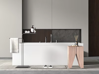 Modern Bathtub In Minimalist Bathroom With Wooden Cabinet Towel Rack And Slippers 3d model