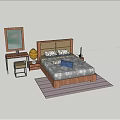 Double Bed Bedroom Interior With Patterned Bedding Pillows Bedside Lamps And Striped Floor