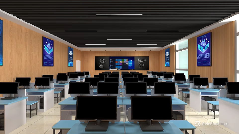 Modern School Computer Classroom Featuring Rows Of Computers Desks And Large Interactive Screen 3d model