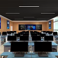 Modern School Computer Classroom Featuring Rows Of Computers Desks And Large Interactive Screen 3d model