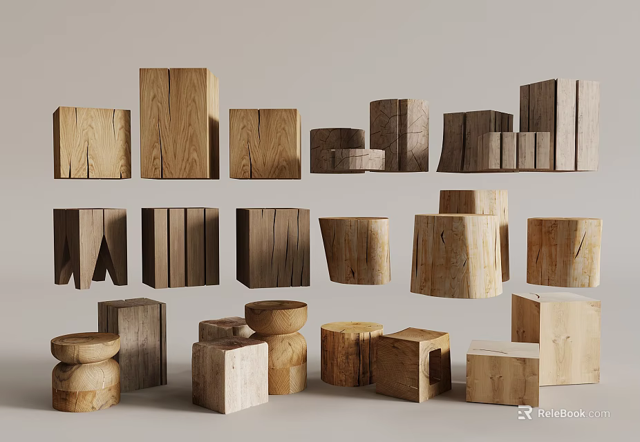 Various Shaped Wooden Stools With Natural Wood Textures And Home Decor Designs 3d model 