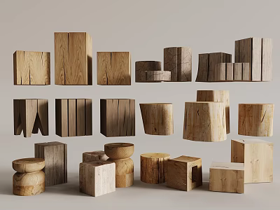 Various Shaped Wooden Stools With Natural Wood Textures And Home Decor Designs 3d model