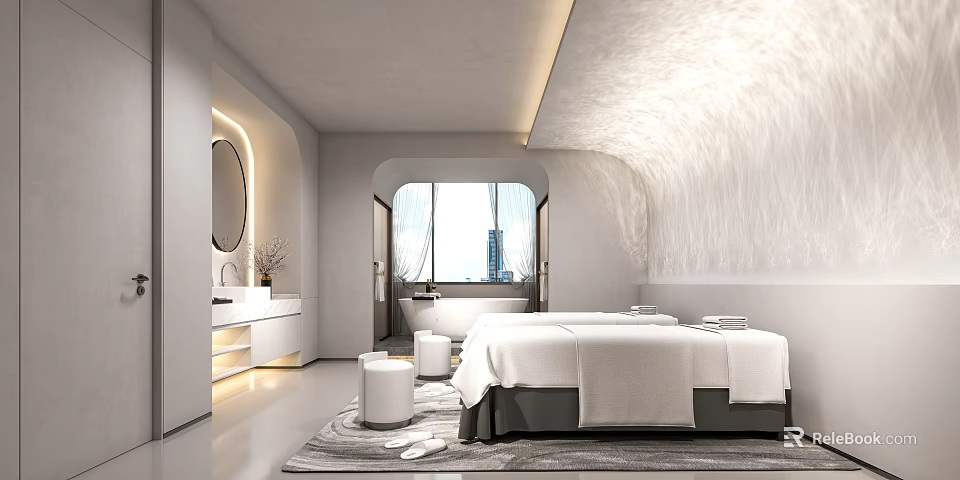 Modern SPA Room With Beds Round Stools And Large Windows 3d model 