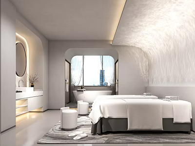 Modern SPA Room With Beds Round Stools And Large Windows 3d model