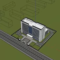 Modern Office Building Facade With Glass Windows Green Trees And Parked Cars