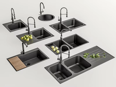 Modern Black Kitchen Sinks With Double Bowls Faucets And Drainer Accessories 3d model