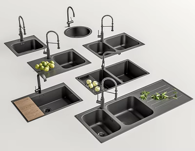 Modern Black Kitchen Sinks With Double Bowls Faucets And Drainer Accessories 3d model