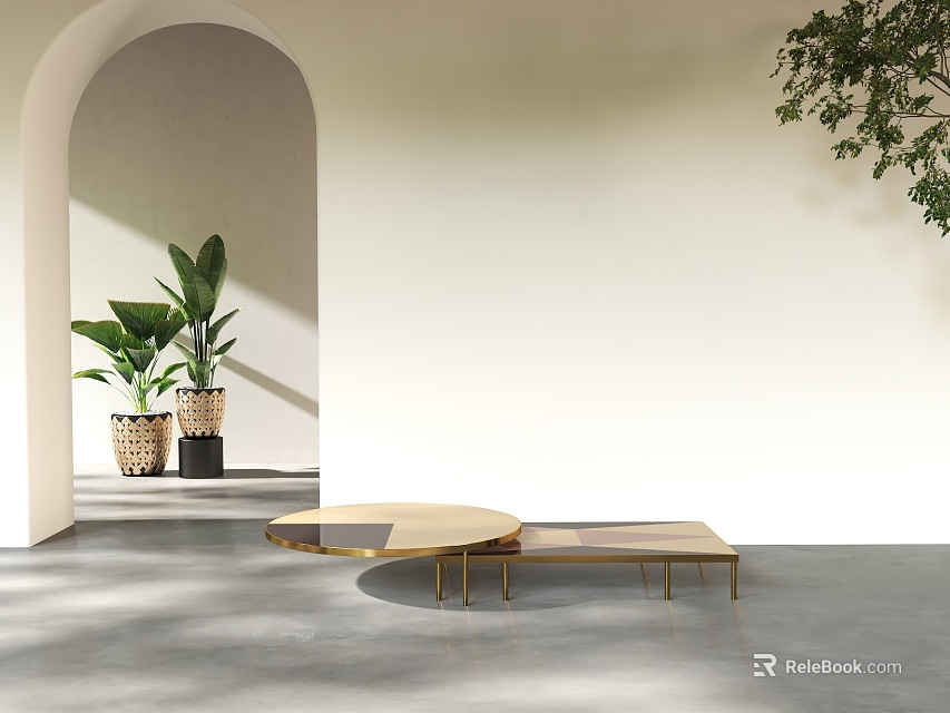 Minimalist Modern Coffee Table With Round Rectangular Top And Gold Legs Arched Doorway Green Plants 3d model 