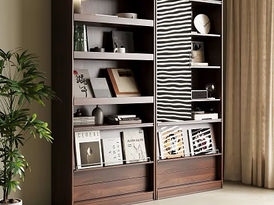 Modern Wooden Bookshelf Interior With Books Photo Frames Decorative Items And Potted Plant Near Curtain 3d model