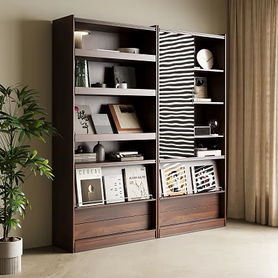 Modern Wooden Bookshelf Interior With Books Photo Frames Decorative Items And Potted Plant Near Curtain 3d model