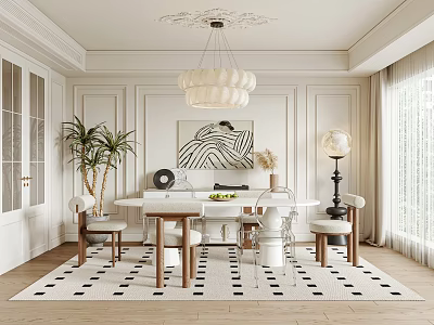Dining Room With White Walls Chandelier Dining Table Chairs Artwork And Potted Plant On Rug 3d model