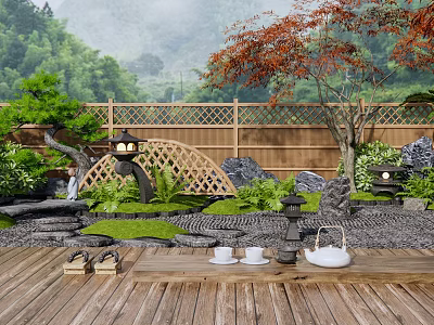 Japanese Courtyard Garden With Wooden Deck Stone Lanterns Arched Bridge And Red Maple Tree 3d model