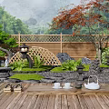 Japanese Courtyard Garden With Wooden Deck Stone Lanterns Arched Bridge And Red Maple Tree