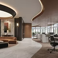 Modern Public Office Space With Curved Ceiling Marble Flooring Lounge Area Work Desks And Computers