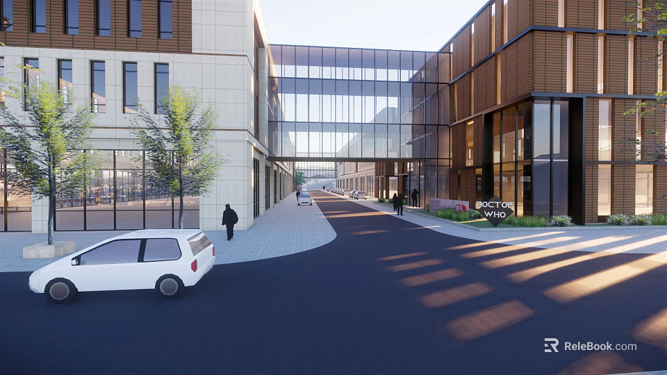 Modern Industrial Factory Exterior With Glass Facade Road Vehicles Pedestrians And Trees 3d model 