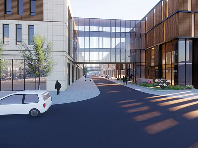 Modern Industrial Factory Exterior With Glass Facade Road Vehicles Pedestrians And Trees 3d model