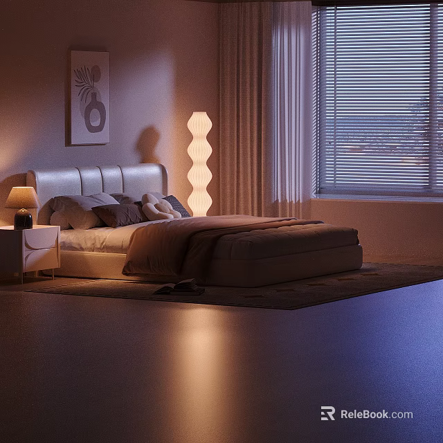 Double Bed In Modern Bedroom With Upholstered Headboard Warm Lighting And Window Blinds 3d model 