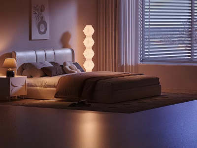 Double Bed In Modern Bedroom With Upholstered Headboard Warm Lighting And Window Blinds 3d model