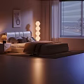 Double Bed In Modern Bedroom With Upholstered Headboard Warm Lighting And Window Blinds