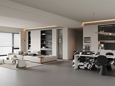 Modern Living Dining Room Interior Design With Marble Sofa Dining Table And Kitchen Cabinets 3d model