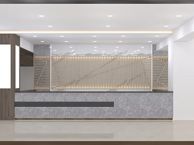 Modern Reception Desk Design With Stylish Counter And Decorative Backdrop Wall 3d model