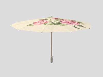Cream Decorative Umbrella With Pink Flowers And Green Leaves Design 3d model