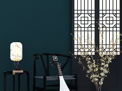 Single Sofa with Dark Teal Wall Lattice Window Table Lamp and White Flower Branches 3d model